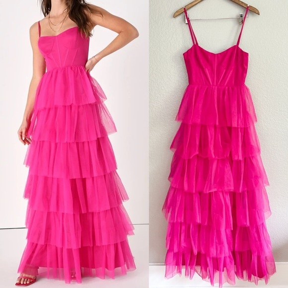 Rule the Runway Hot Pink Tulle Bustier Tiered Maxi Dress - Picture 1 of 10